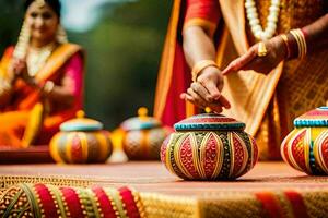 uma mulher dentro tradicional indiano vestir é colocando uma Panela em uma mesa. gerado por IA foto