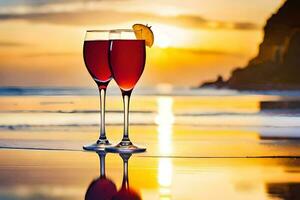 dois óculos do vermelho vinho em a de praia às pôr do sol. gerado por IA foto
