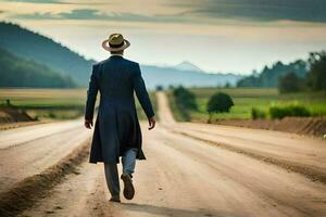 uma homem dentro uma chapéu e casaco caminhando baixa uma sujeira estrada. gerado por IA foto