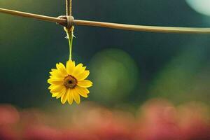 uma amarelo flor suspensão a partir de uma corda. gerado por IA foto
