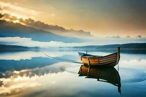 uma barco em uma lago às pôr do sol. gerado por IA foto