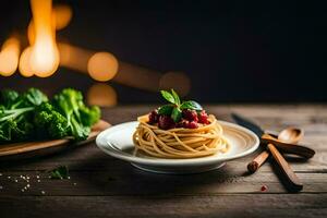 espaguete com tomate molho e brócolis em uma placa. gerado por IA foto