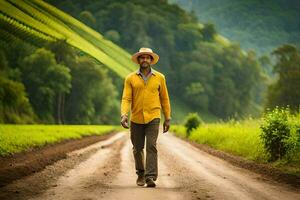 uma homem dentro uma amarelo camisa e chapéu caminhando baixa uma sujeira estrada. gerado por IA foto