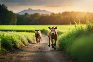 dois vacas corrida baixa uma sujeira estrada dentro uma campo. gerado por IA foto