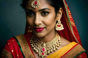 lindo indiano noiva dentro tradicional traje. gerado por IA foto