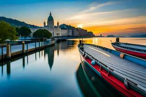 barcos ancorado dentro a água às pôr do sol com uma Igreja dentro a fundo. gerado por IA foto