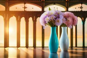 dois vasos com flores sentado em uma de madeira chão. gerado por IA foto