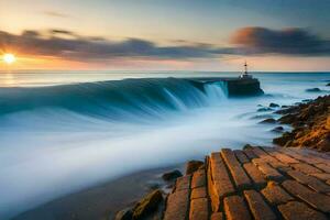 uma grandes exposição fotografia do ondas falhando para dentro a costa. gerado por IA foto