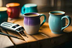 colorida café copos e uma caneta em uma mesa. gerado por IA foto