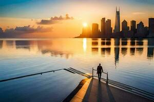 uma homem em pé em uma doca olhando às a cidade Horizonte às pôr do sol. gerado por IA foto