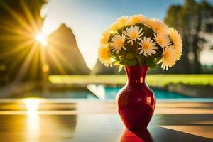 uma vaso com flores em uma mesa dentro frente do uma piscina. gerado por IA foto