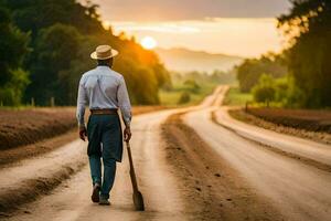 uma homem caminhando baixa uma sujeira estrada com uma pá. gerado por IA foto