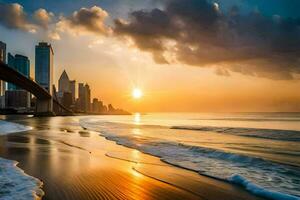 a Sol conjuntos sobre uma de praia e cidade Horizonte. gerado por IA foto