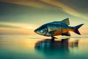 uma peixe é em pé em a água às pôr do sol. gerado por IA foto