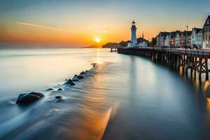 uma grandes exposição fotografia do uma farol às pôr do sol. gerado por IA foto