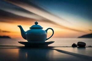 a bule de chá, a mar, a céu, a horizonte, hd papel de parede. gerado por IA foto