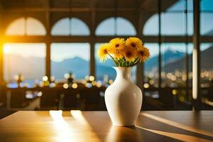 uma vaso com flores em uma mesa dentro frente do uma janela. gerado por IA foto