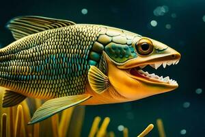 uma peixe com grande dentes e uma grande boca. gerado por IA foto