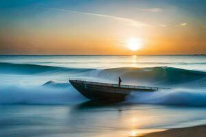 a nascer do sol sobre a oceano com uma barco dentro a primeiro plano. gerado por IA foto