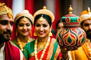 uma homem e mulher dentro tradicional indiano vestuário segurando uma Panela. gerado por IA foto