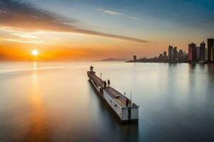 uma grandes exposição fotografia do uma cais dentro a água às pôr do sol. gerado por IA foto