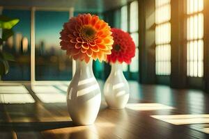dois vasos com flores sentado em uma de madeira chão. gerado por IA foto