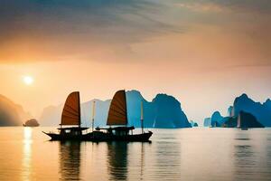 dois barcos dentro a água às pôr do sol com montanhas dentro a fundo. gerado por IA foto