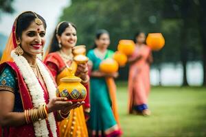 uma mulher dentro tradicional indiano vestuário segurando uma Panela. gerado por IA foto