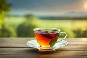 uma copo do chá em uma de madeira mesa. gerado por IA foto