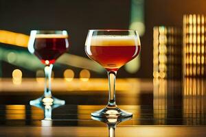 dois óculos do vinho em uma mesa dentro frente do uma cidade Horizonte. gerado por IA foto