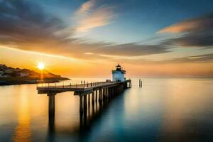 uma farol carrinhos em uma cais às pôr do sol. gerado por IA foto