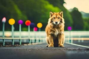 uma cachorro sentado em a estrada dentro frente do colorida luzes. gerado por IA foto