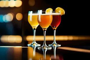 três óculos do diferente colori bebidas em uma bar. gerado por IA foto