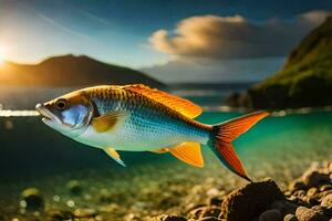 uma peixe natação dentro a oceano às pôr do sol. gerado por IA foto