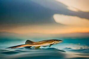 uma peixe natação dentro a oceano às pôr do sol. gerado por IA foto