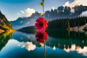 uma flor é em pé em uma pólo dentro frente do uma lago. gerado por IA foto