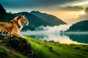 uma tigre sentado em a Relva perto uma lago. gerado por IA foto