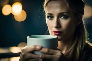 uma mulher segurando uma copo do café. gerado por IA foto