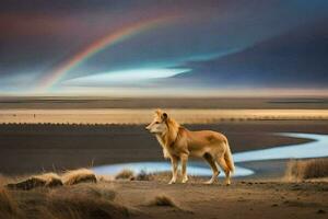 uma leão carrinhos dentro a meio do uma campo com uma arco Iris dentro a céu. gerado por IA foto