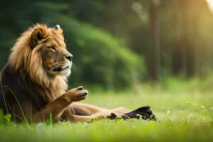 uma leão é sentado dentro a grama. gerado por IA foto