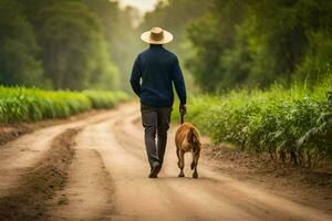 uma homem caminhando dele cachorro baixa uma sujeira estrada. gerado por IA foto