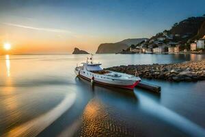 uma barco senta em a costa às pôr do sol. gerado por IA foto