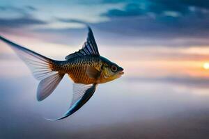 uma peixe vôo sobre a oceano às pôr do sol. gerado por IA foto