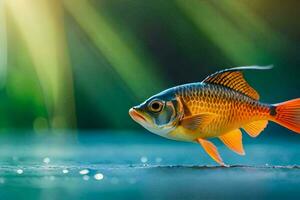 uma peixe é em pé em a água com luz solar brilhando em isto. gerado por IA foto