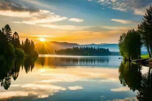 a Sol sobe sobre uma lago cercado de árvores gerado por IA foto