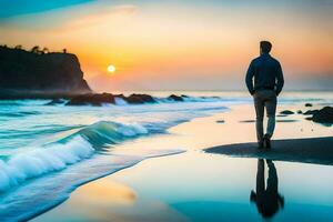 uma homem em pé em a de praia às pôr do sol. gerado por IA foto