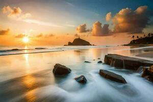 a Sol conjuntos sobre a oceano e pedras em a de praia. gerado por IA foto