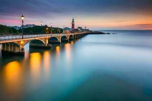 uma grandes exposição fotografia do uma ponte sobre a oceano. gerado por IA foto