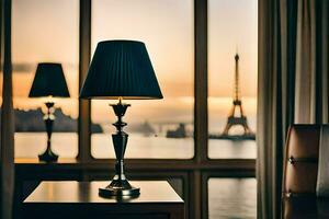 uma luminária é sentado em uma mesa dentro frente do uma janela. gerado por IA foto