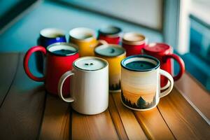 colorida café canecas em uma de madeira mesa. gerado por IA foto